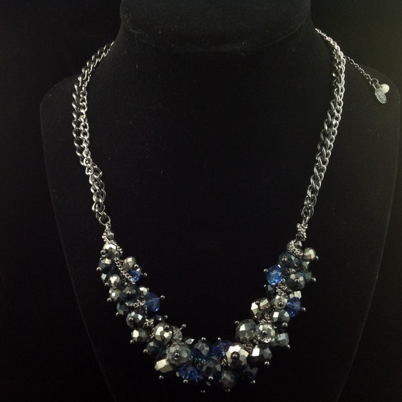 Silver, Black and Blue Faux Crystal Heavy Necklace - image 1