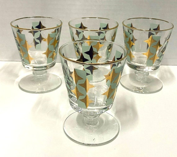 Set of 4 Vintage Style Drinking Glasses Blue With Gold Stars Etsy