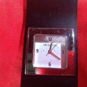 Michel Klein Silver Tone Square Face Black Leather Band Wrist Watch 8"