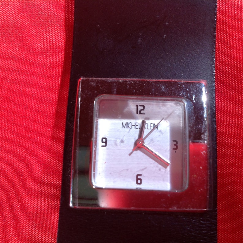 Michel Klein Silver Tone Square Face Black Leather Band Wrist Watch 8 image 1