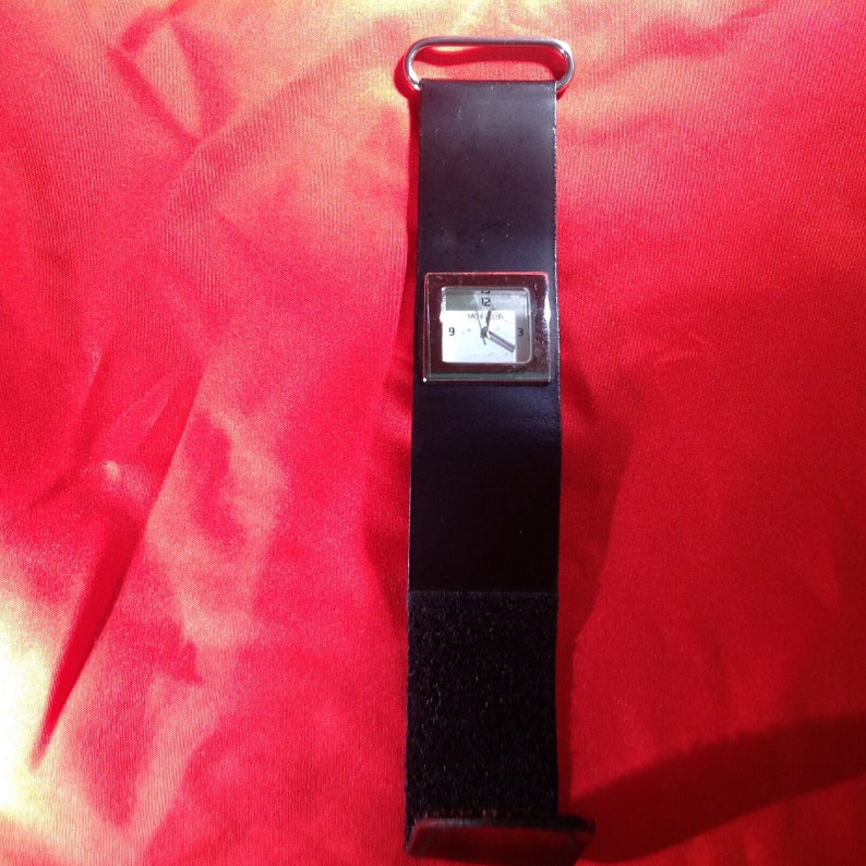Michel Klein Silver Tone Square Face Black Leather Band Wrist Watch 8 image 3