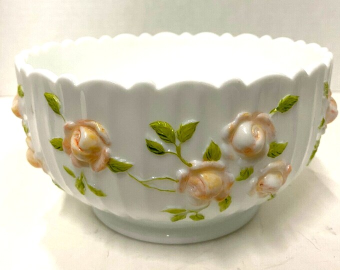 Milk Glass Bowl With Painted Pink Flowers 7 Diameter 4 Tall Etsy