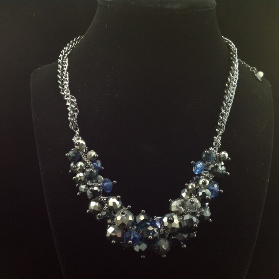 Silver, Black and Blue Faux Crystal Heavy Necklace - image 2