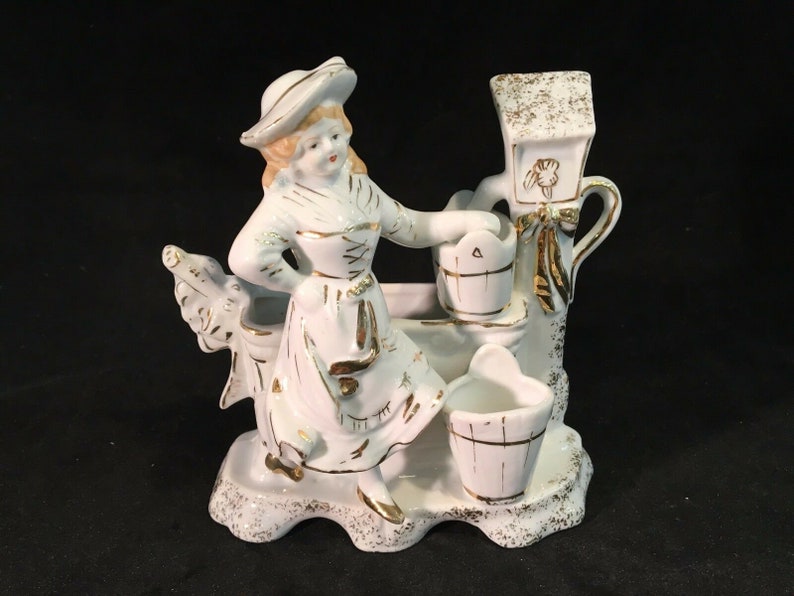 White Gold Accented Woman Filling Water Buckets Plantar Vase 5-12 Tall