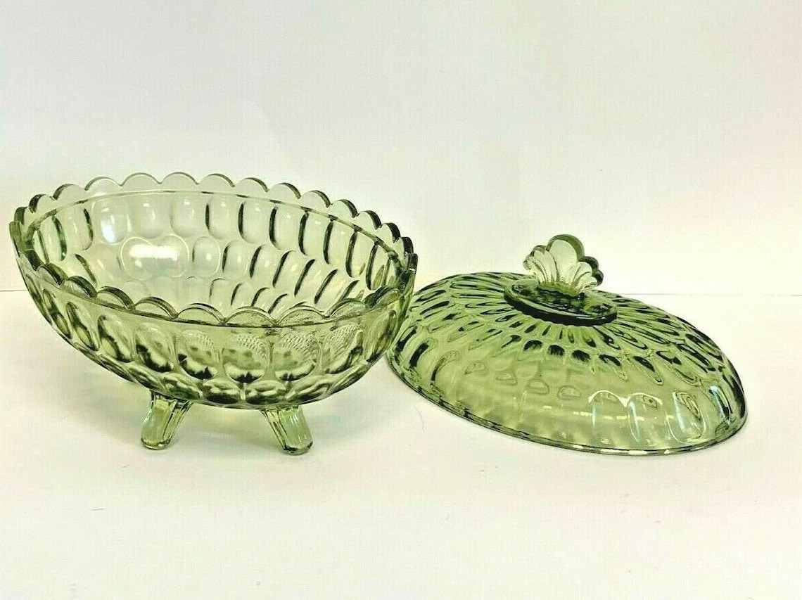 Green Glass Oval Footed Bowl with Lid 6.5 W x 6 Etsy