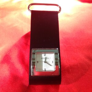 Michel Klein Silver Tone Square Face Black Leather Band Wrist Watch 8 image 2