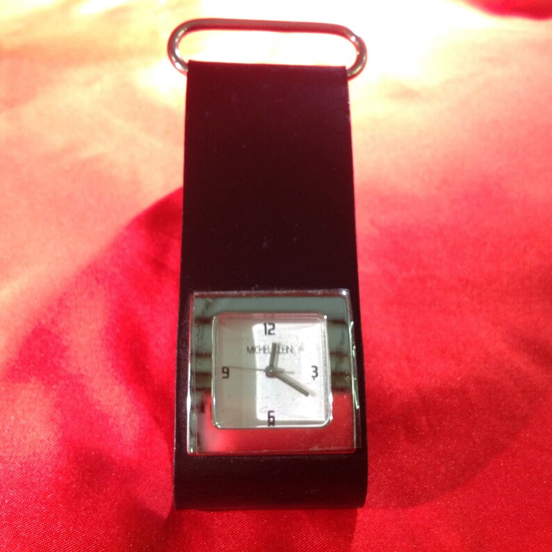 Michel Klein Silver Tone Square Face Black Leather Band Wrist Watch 8 image 2