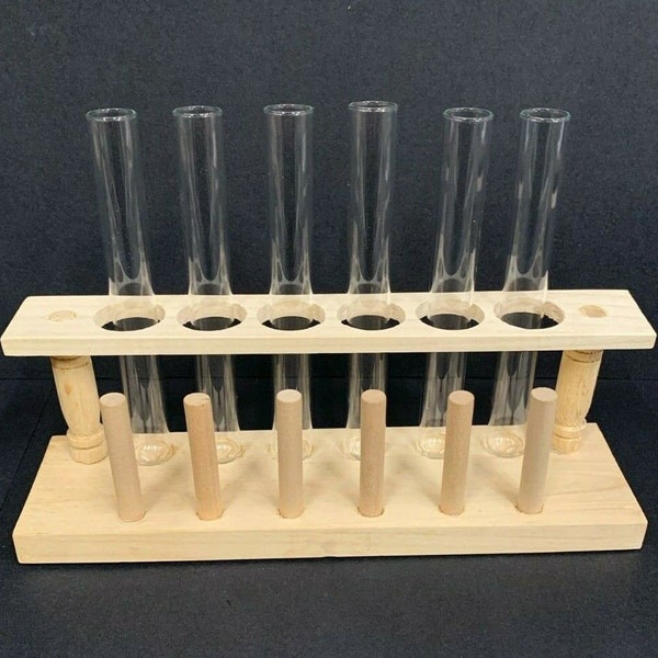 Test Tube Rack with 6 Test Tubes 18x150mm - Wood - Holds 6 Test Tubes - New