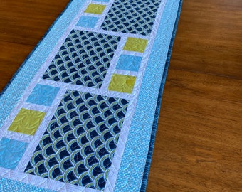 Quilted Table Runner - 3-Step Jump in Navy, Blue, White, & Lime