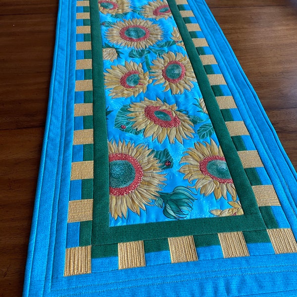 Quilted Table Runner- Sunflowers  in Yellow-gold, Aqua, and Green