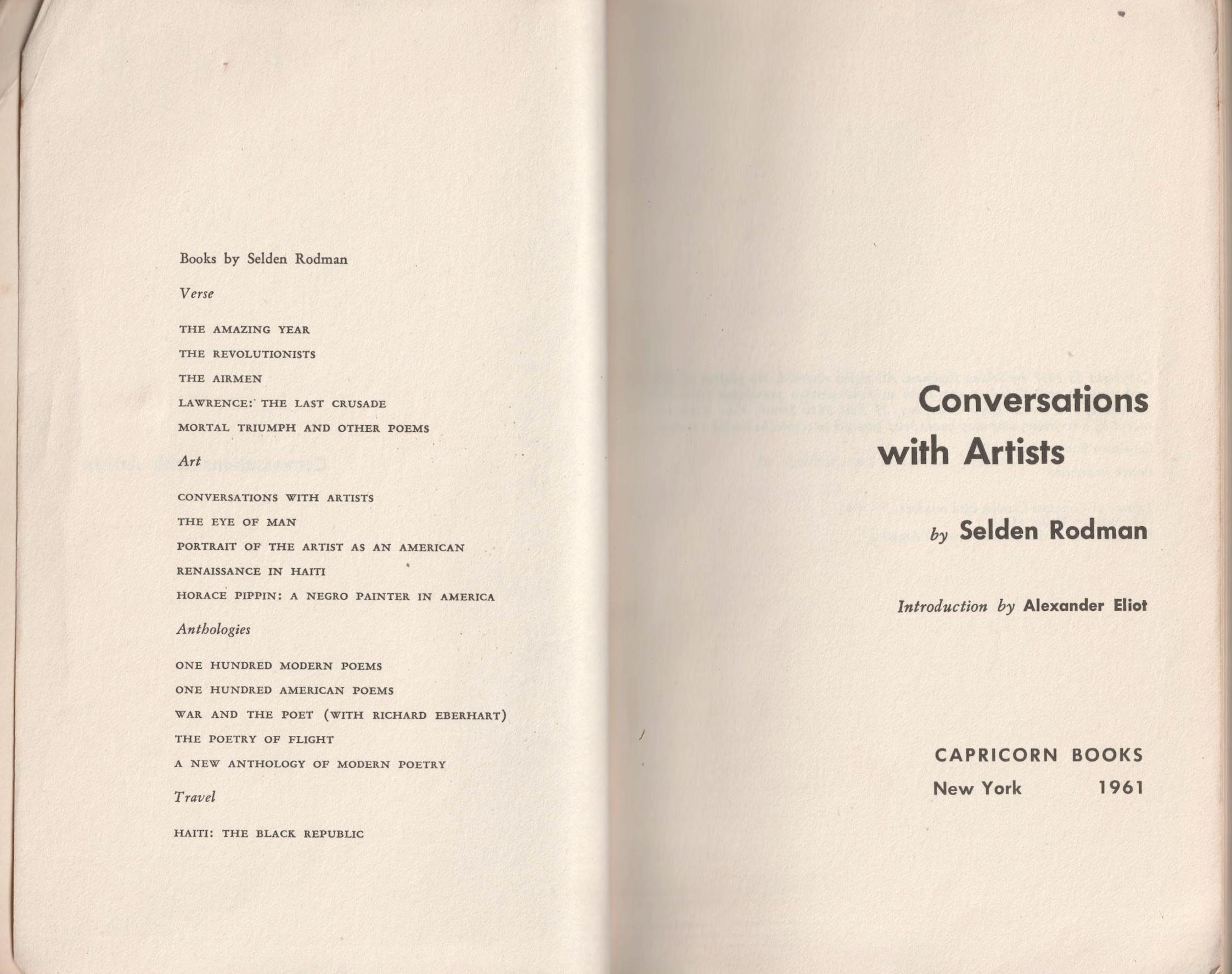 Conversations With Artists by Selden Rodman Capricorn Books 1961