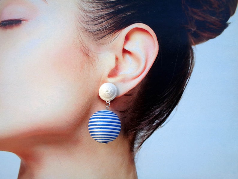 CLASSIC DROP COCONUT blue /& white color Handmade Wrapped cord. Bon bon bonbon les bonbon ball Earrings Les Bonbons