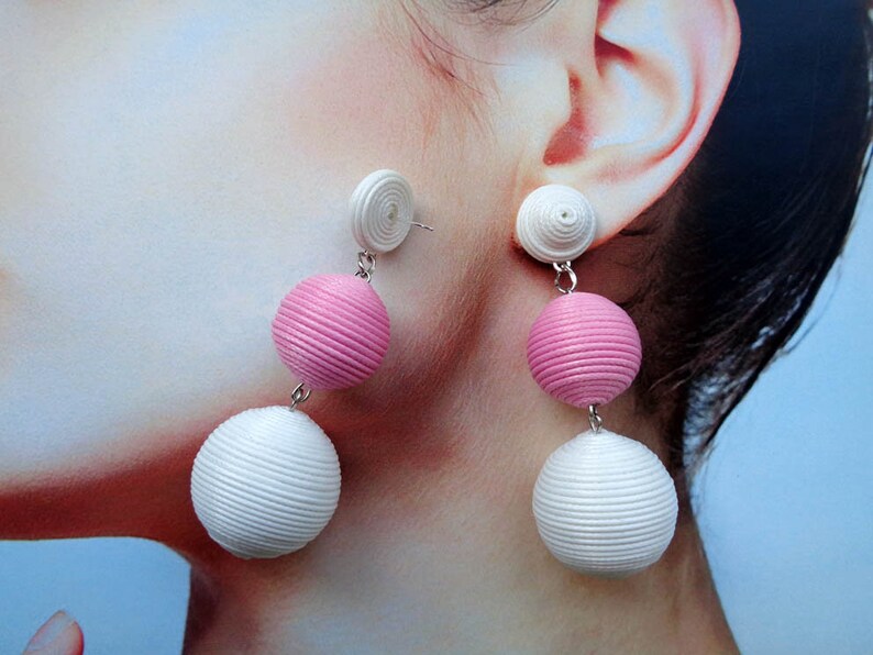 Handmade. Earrings Les Bonbons Three ball earrings white and pink color