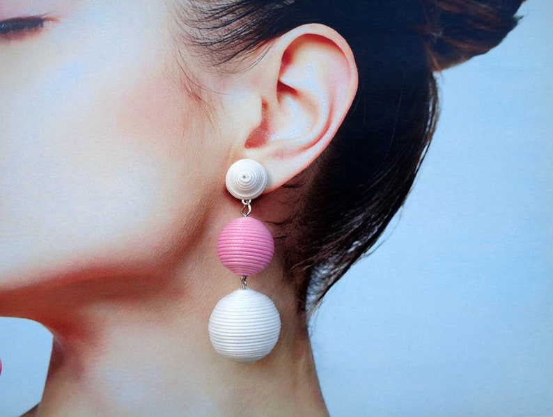 Handmade. Earrings Les Bonbons Three ball earrings white and pink color