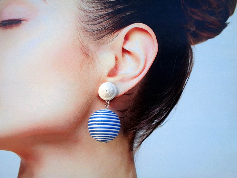 CLASSIC DROP COCONUT blue /& white color Handmade Wrapped cord. Bon bon bonbon les bonbon ball Earrings Les Bonbons