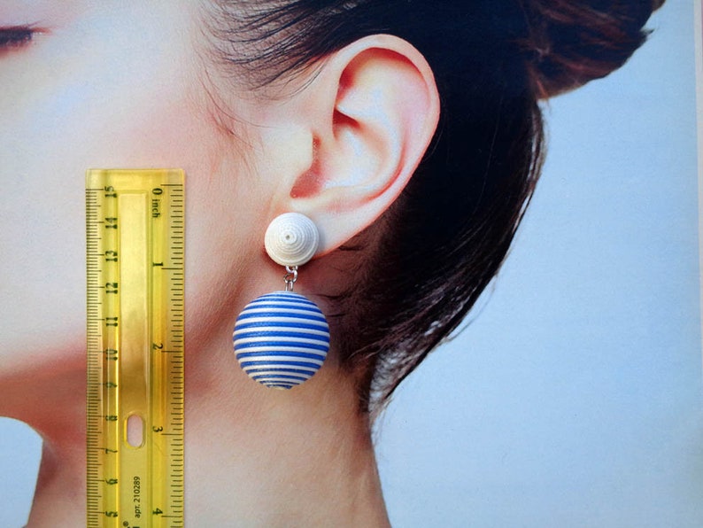 CLASSIC DROP COCONUT blue /& white color Handmade Wrapped cord. Bon bon bonbon les bonbon ball Earrings Les Bonbons