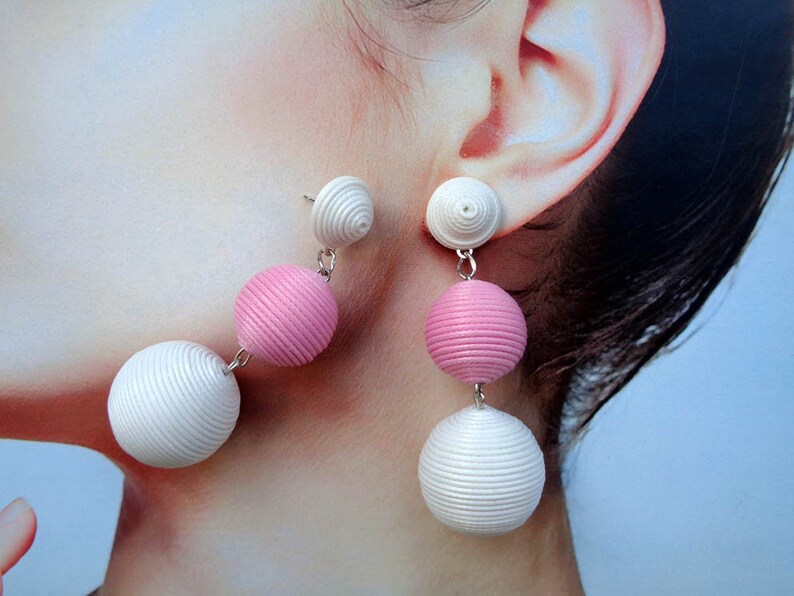 Handmade. Earrings Les Bonbons Three ball earrings white and pink color