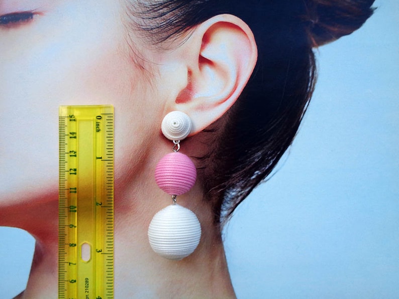 Handmade. Earrings Les Bonbons Three ball earrings white and pink color