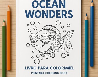 May include: A black and white coloring book cover with the title "Ocean Wonders" in blue text. The cover features a cartoon fish wearing sunglasses and surrounded by bubbles.