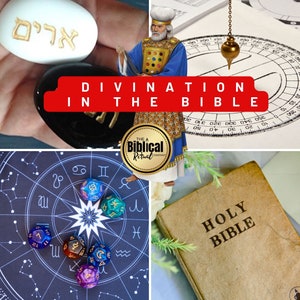 May include: A collage of images related to divination in the Bible. The images include a stone with Hebrew writing, a man in a robe with a colorful sash, a pendulum over a protractor, a zodiac wheel with dice, and a closed book with the words "HOLY BIBLE" on the cover.