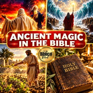 May include: A collage featuring the text ANCIENT MAGIC IN THE BIBLE and a logo for The Biblical Ritual Company. Images show figures in robes, a person tending to crops, and a weathered book with the words HOLY BIBLE embossed on the cover.