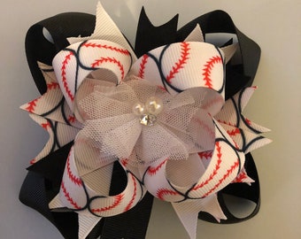 Baseball red white and black stacked hair bow