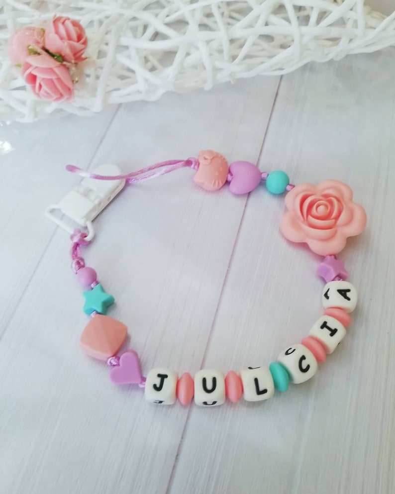 Silicone Personalised Dummy Clip Pretty Flamingo Baby Pink Grey White Gift Girl
