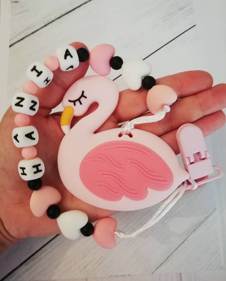 Silicone Personalised Dummy Clip Pretty Flamingo Baby Pink Grey White Gift Girl