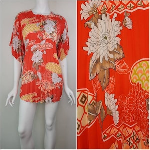 Vintage 1970s Hawaiian pleated kaftan, beach top, S-L / Hawaiian beach cover-up / 1970s Hawaiian top / Hawaiian kaftan / Open size fits most
