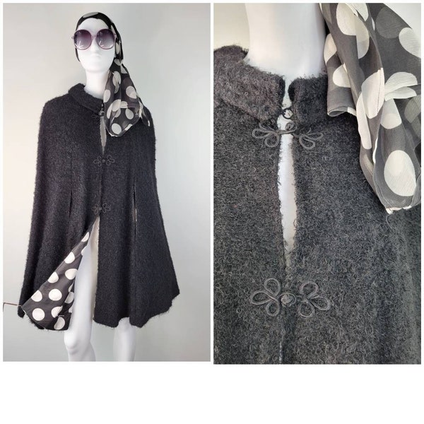 Vintage 1950s wool cape with polka dot lining and matching silk scarf / 50s wool cape / 1940s wool cape / 1960s wool cape / evening wear