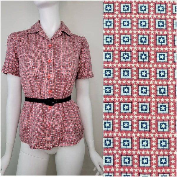 Vintage 1940s Star print cotton blouse shirt, Size S/M / 1940s novelty print blouse / 4th July / Button up / Small S Medium M 35B 36B 37B