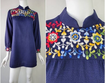 Vintage 1960s floral embroidered mini dress Size S/M / 60s mini dress / Micro mini dress / embroidery / Boho Hippie Small Medium 35B 36B 37B