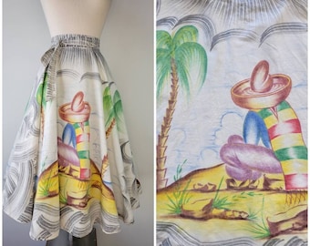 Vintage 1950s Hand Painted Mexican tourist skirt / 50s Mexican skirt / 1950s novelty print skirt / Hand painted / Small / 24W 25W 26W