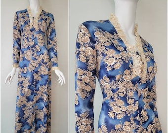 Vestido estilo pradera con estampado floral de los años 70 y ribete de crochet, estilo Gunne Sax, talla M / Cottage core / Vestido estilo pradera / M / 38B 30W