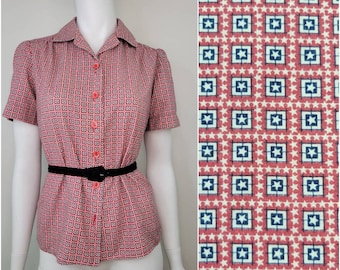 Vintage 1940s Star print cotton blouse shirt, Size S/M / 1940s novelty print blouse / 4th July / Button up / Small S Medium M 35B 36B 37B