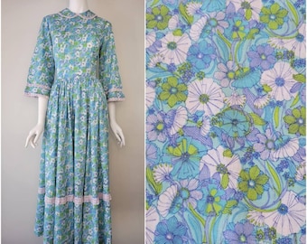 Vintage 1960s floral cotton maxi dress, Size M / 60s floral dress / Spring floral dress / 60s floral maxi dress / Day dress Medium M 27W 28W