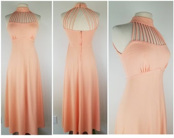 Vintage 1970s cage neck maxi dress / 70s halter maxi dress / 70s cage neck dress / Party Disco dress / Cage neckline / Small / 34B 35B