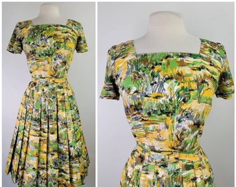 Vintage 1950s painterly floral cotton fit & flare dress with belt Size S/M / 50s cotton dress / Summer dress / Small S / Medium M / 27W 28W