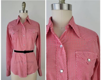 Vintage 1970s HbarC gingham Western blouse Western shirt, red and white gingham / HbarC Western Wear / Slim fit blouse / XS Small S 30B 32B