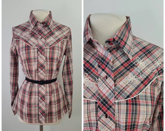 Vintage 1970s NWOT plaid Western shirt blouse with chain link embroidery by Miller Western Wear / Slim fit / NWT / Small S Medium M 35B 36B