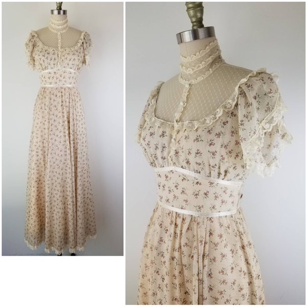 Vintage 1970er Jahre Gunne Sax Blumenkleid mit Spitze Bodie & Flatter Ärmel Größe 7 / Prärie Renaissance / Gunne Sax von Jessica / XS / klein