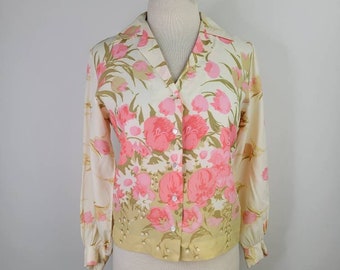 Vintage 1960s rose print blouse by Judy Bond, Size S/M / 1960s floral blouse / Judy Bond blouse / Small S Medium M 34B 35B 36B
