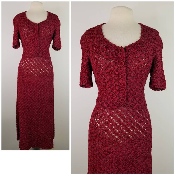Vintage 1940s Size M burgundy ribbon knit dress ev