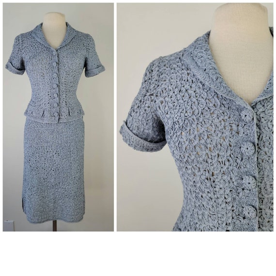 Vintage 1940s Knitwear Skirt Set Short Sleeve Beige Small Blouse Minimal Delicate Knit Suit Deco Button Front