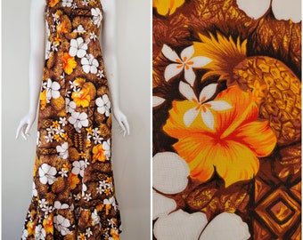 Vintage 1970s Hawaiian Dress With Smocked Bodice, Pineapple