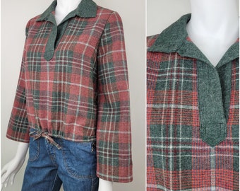 Vintage 1970s wool plaid jacket with drawstring hem, Size S-M / 70s plaid wool jacket / 1980s wool plaid jacket / Small S 33B 34B 35B