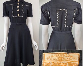RARE late 30s early 40s wool dress custom made by Utah Tailoring Mills puff sleeves pintuck bodice, Size S/M 26W 27W 28W / 1930s 1940s dress