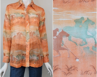 Vintage 1970s Horse Polo print blouse Kolortron by Koret of California Size M 36B 37B 38B / 1970s novelty print blouse / Small S Medium M