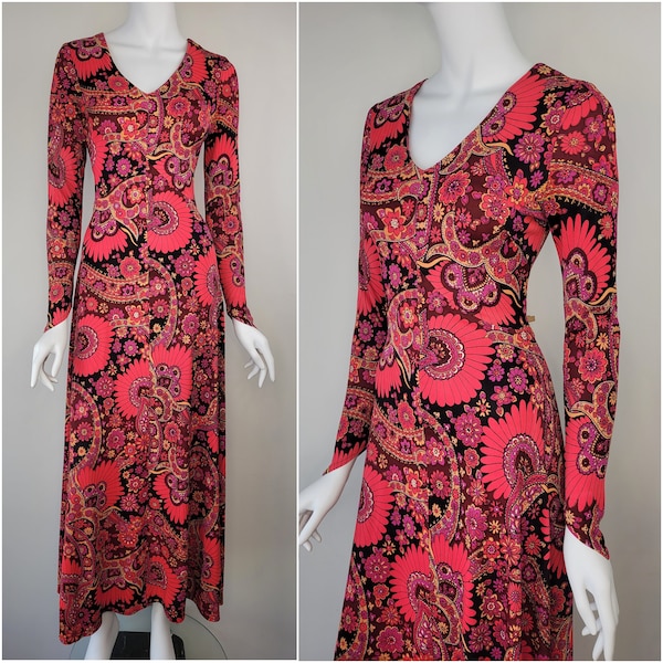 Vintage 1970s paisley maxi dress, Size M 28W 29W 30W / 70s paisley dress / 1970s maxi dress / Evening dress Party dress / Medium M