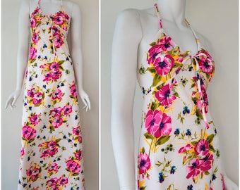 Vintage 1970s Pansy print halter maxi dress, Size XS/S 33/34B / 1970s floral halter dress / 1970s maxi dress / 1970s party dress / Small S
